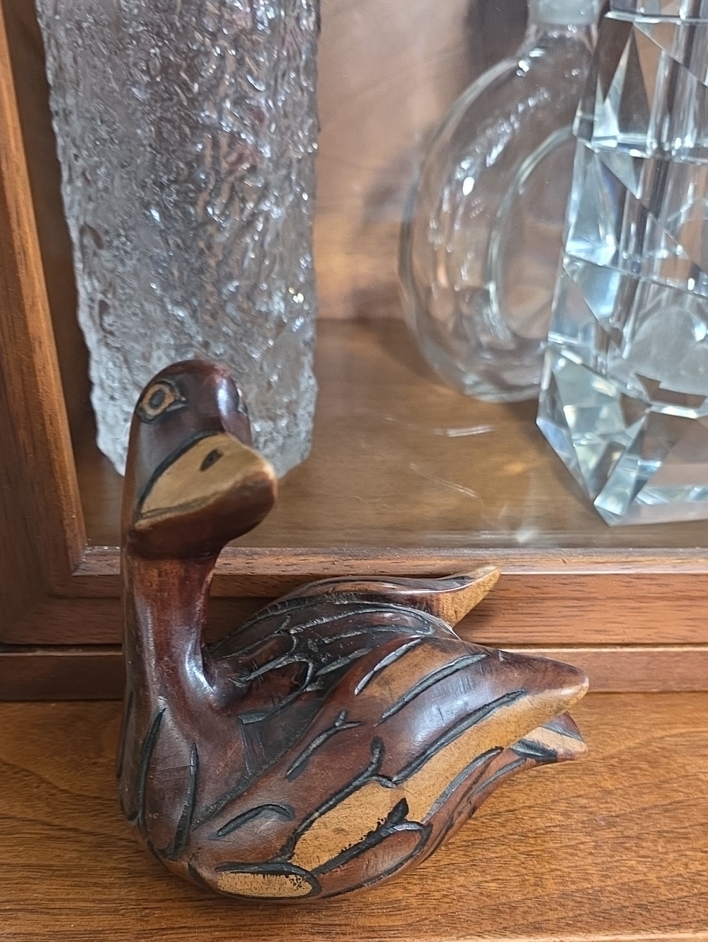 Hand-Carved Wooden Duck Figurine - Brown with Black Accents